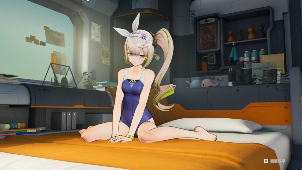 ドルフロ2のシャークリーの水着スキンのくつろぎポーズ