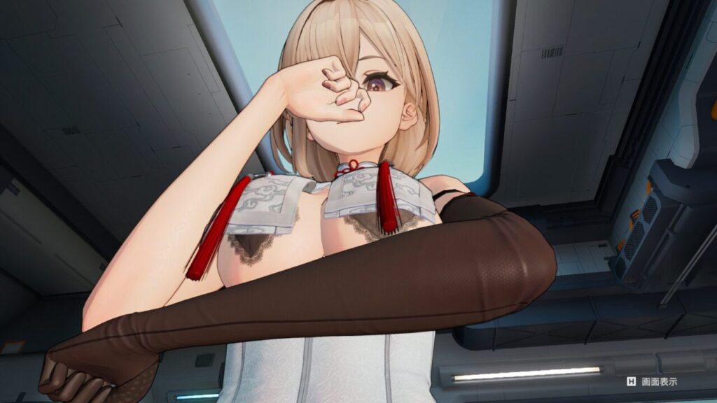 ドルフロ2の秋樺の思考ポーズ下乳