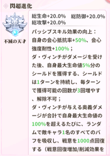 少女ウォーズのダヴィンチ閃超進化レベル1説明