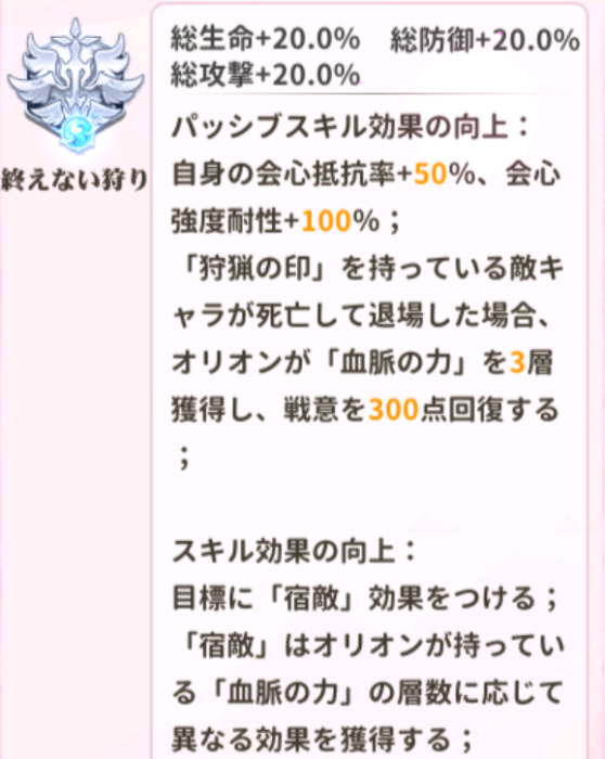 少女ウォーズのオリオン閃超進化レベル1説明